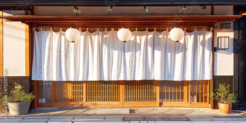 a white blank Poster banner  template curtain  hanging on the front doors of a Japanese restaurant photo