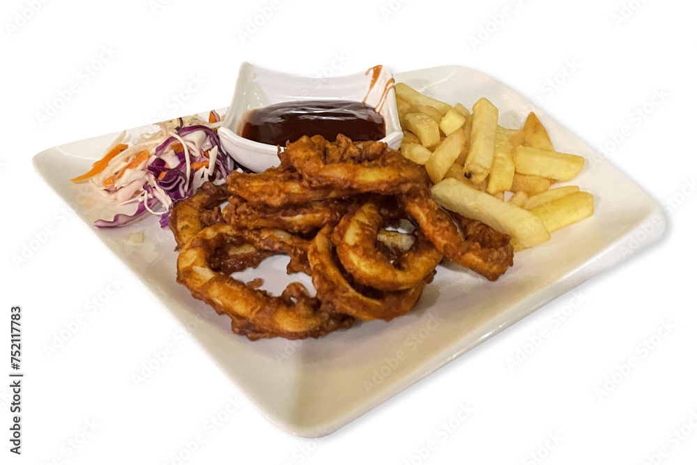fried calamari Rings with french fries on wooden tray with dipping sauce fried calamari Rings with french fries on wooden tray with dipping sauce