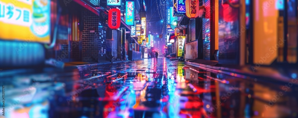 Illustrate a bustling street scene in a Japanese city at night, with ...