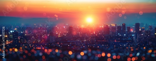 Urban Cityscape Illuminated by Sunset and City Lights