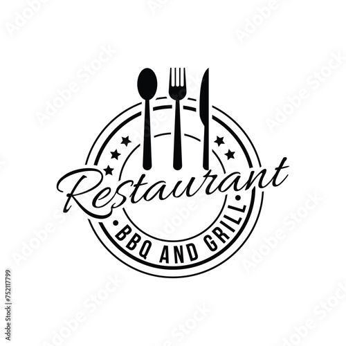 Restaurant bbq and grill logo design vintage retro label circle with knife, fork and spoon icon