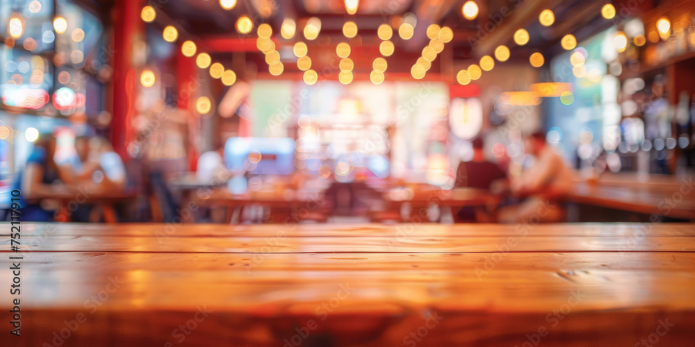 empty wooden table on bokeh lights with restaurant background , Empty wood table top with blurred bokeh light christmas background, 