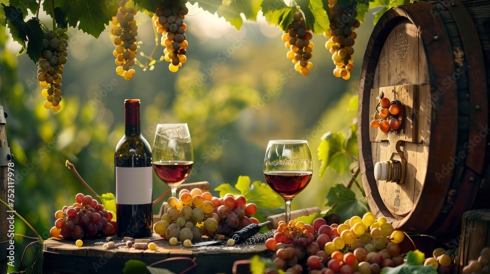 Scenic Countryside Delight, Bottles and Wine Glasses Arranged Amidst Lush Grape Vines and Wooden Barrels, Evoking the Essence of Wine Country Tranquility.