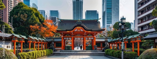  Metropolis Shinto shrine nestled among the skyscrapers of a modern Japanese city, blending ancient tradition with contemporary urban life, with visitors paying their respects. photo