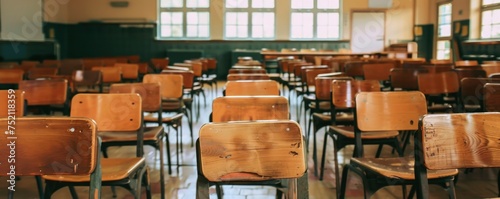 Vintage Classroom  Back to School in High School. Interior with Wooden Lecture Chairs and Desks  Embracing the Essence of Secondary Education.