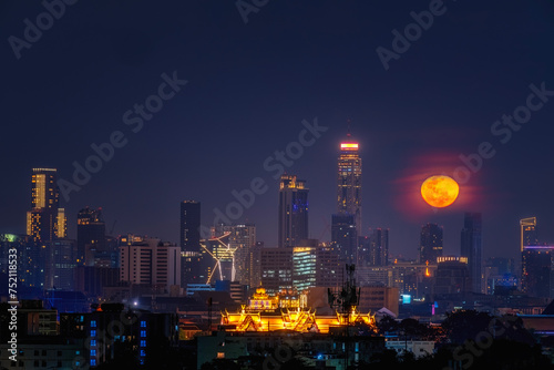 Bangkok city night and temple at twilight in Bangkok, Thailand.