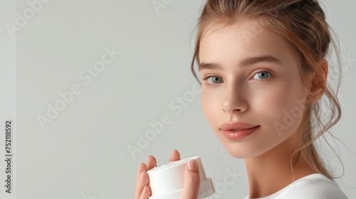 A photograph featuring a female model holding the moisturizing cream product.