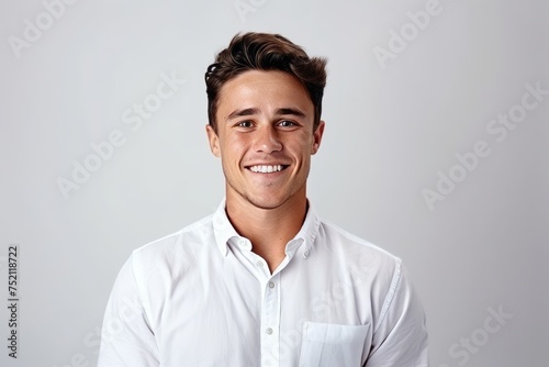 Portrait of a handsome young man smiling at the camera while standing against grey background