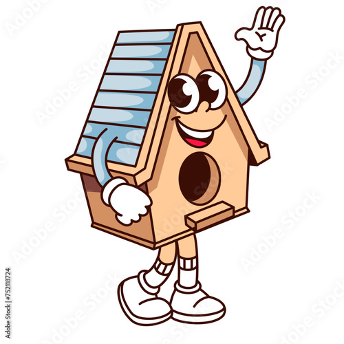 Groovy birdhouse cartoon character waving to say Hi. Funny retro wooden small house with hole walking, garden bird home mascot, cartoon birdhouse sticker of 70s 80s style vector illustration