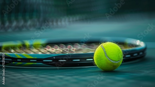 Tennis racket and ball on the tennis court. photo