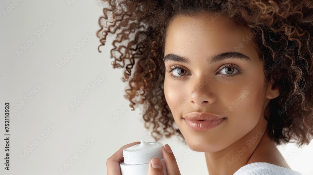 A photograph featuring a female model holding the moisturizing cream product. A photograph featuring a female model holding the moisturizing cream product.