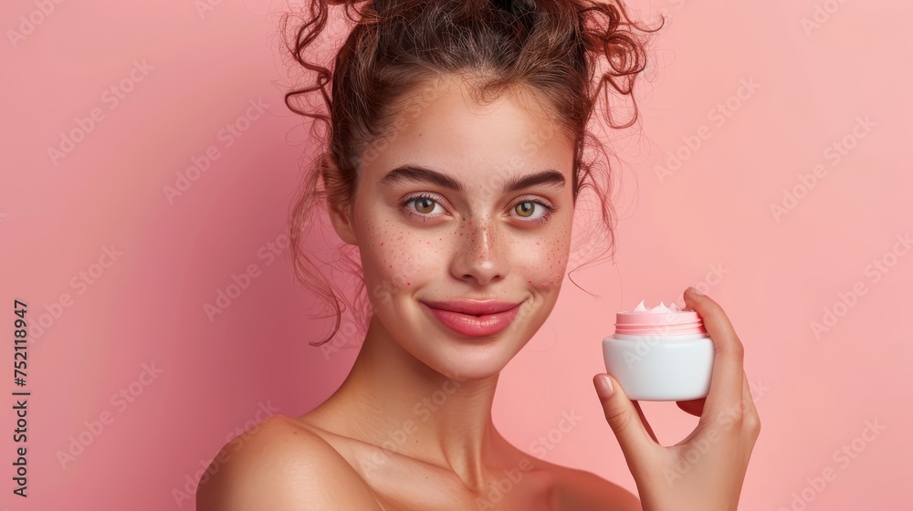 A photograph featuring a female model holding the moisturizing cream product. A photograph featuring a female model holding the moisturizing cream product.