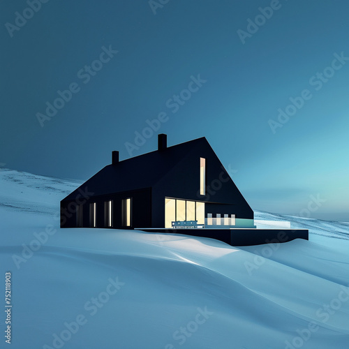 Black Modern Cabin in Snowy Winter Landscape with Glowing Lights