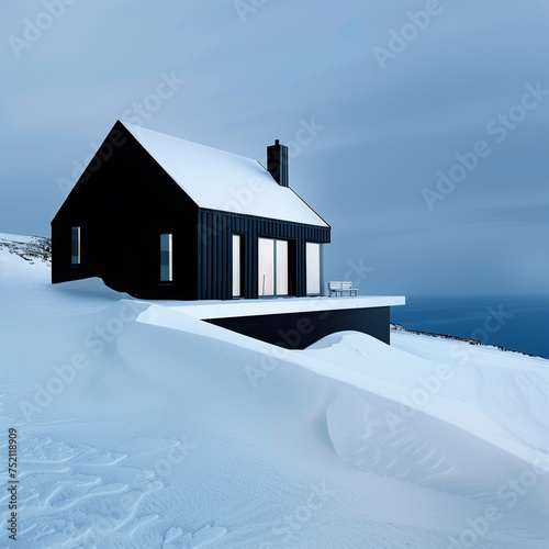 Black Cabin in Snowy Winter Landscape with Minimalist Design