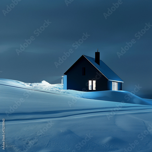 Snow Cabin in Winter Night Landscape with Glowing Windows