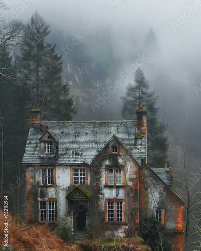 Atmospheric Abandoned House in Foggy Forest with Gothic Charm