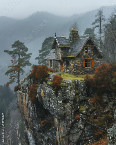 Charming Stone Cottage on Mountain Cliff in Misty Forest Landscape