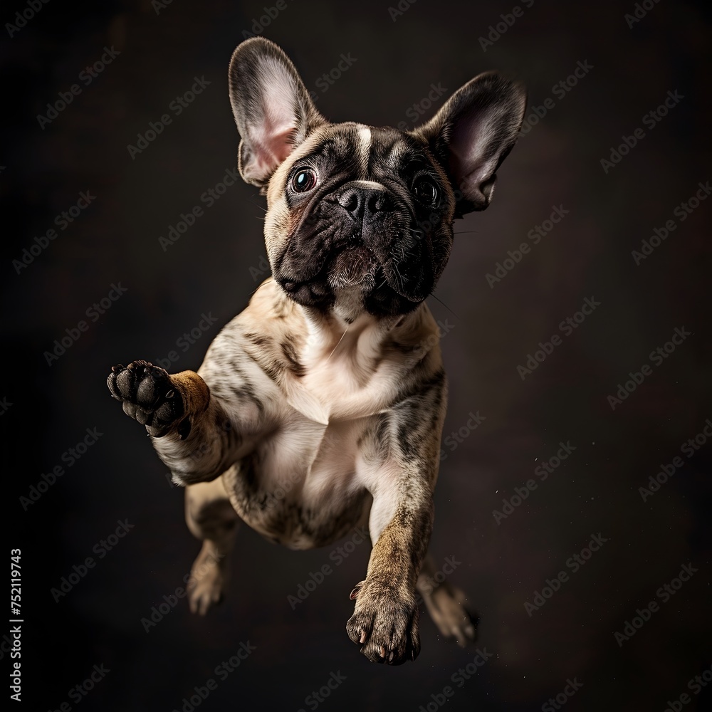 A French Bulldog is captured in mid-jump against a black background showcasing its playful and energetic personality in a high-quality minimalist portrait