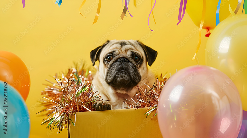 Happy and funny party event celebration concept with old bored dog pug sitting with carnival and celebrate hat and stuffs ,dog and Gift box on colorful pastel background holiday celebration 