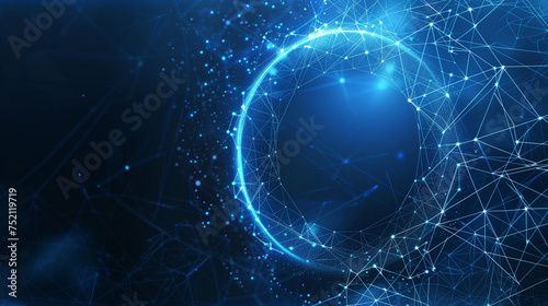 High-tech blue background. A ball or planet surrounded by virtual molecular bonds with nodes.
