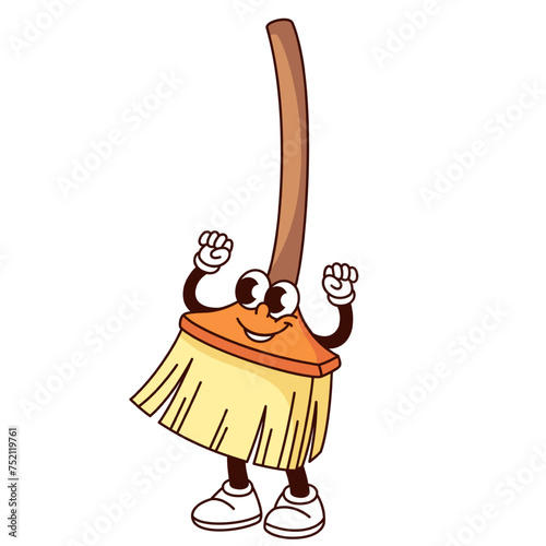 Groovy garden broom cartoon character with fists up. Funny retro besom with long handle, gesture of strength and victory. Garden tool mascot, cartoon broom sticker of 70s 80s style vector illustration
