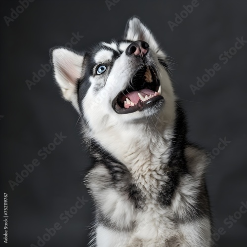 A husky dog looking straight up at the camera in a studio with a black background showcasing its playful and dynamic facial expressions with its mouth open and silver and azure tones © Songyote