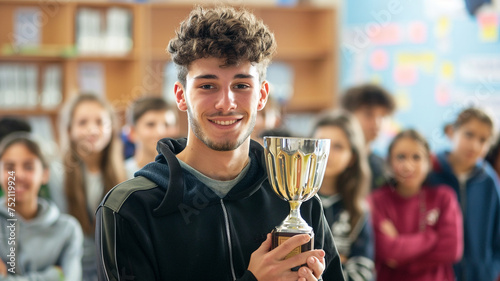 A male student proudly holding a trophy in front of the classroom, symbolizing achievement, recognition, or success in an academic or extracurricular endeavor. © sema_srinouljan