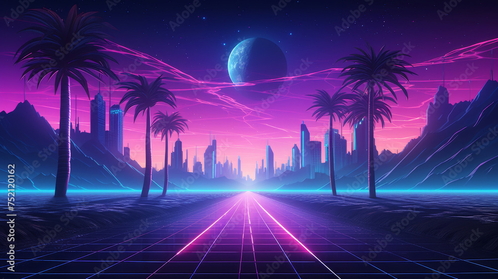 Naklejka premium 80s Retro Sci-Fi Synthwave Background with Cityscape and Palm Trees
