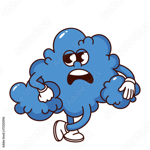 Groovy blue cloud cartoon character with displeased expression. Funny retro dissatisfied rain cloud with negative emotion, cloudy weather mascot, cartoon sticker of 70s 80s style vector illustration