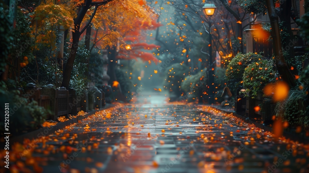A natural landscape with leaves falling in a rainy park - obrazy, fototapety, plakaty 