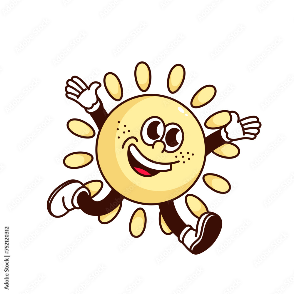 Groovy happy sun cartoon character running with hands up. Funny retro excited yellow sun with sunbeams in hurry to sky, sunny weather mascot, cartoon sticker of 70s 80s style vector illustration