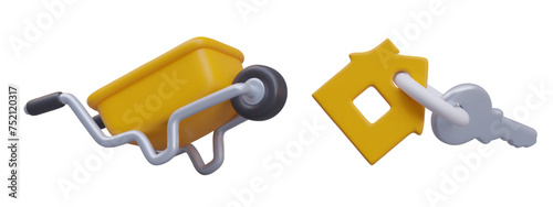 Realistic wheelbarrow with one wheel, key with tag in form of residential building