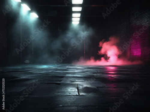 A dark empty street, dark blue background, an empty dark scene, neon light, spotlights The asphalt floor and studio room with smoke. Night view. Generated by AI