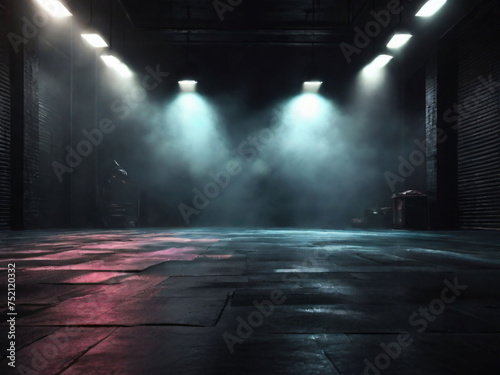 A dark empty street, dark blue background, an empty dark scene, neon light, spotlights The asphalt floor and studio room with smoke. Night view. Generated by AI © Muhammad