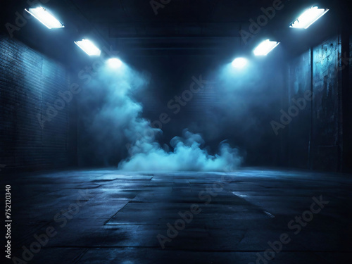 A dark empty street  dark blue background  an empty dark scene  neon light  spotlights The asphalt floor and studio room with smoke. Night view. Generated by AI