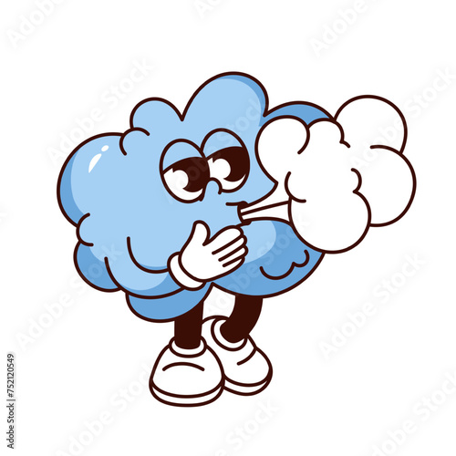Groovy cloud cartoon character with blowing wind. Funny retro cloud standing to blow air with mouth on cute face, windy weather mascot, cartoon gust sticker of 70s 80s style vector illustration