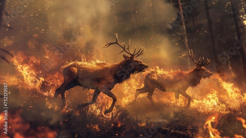 Fawn dashing amidst darkness in a forest fire event © Наталья Игнатенко