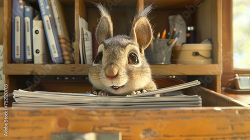 Cheerful squirrel with large eyes looks over a pile of papers on an office desk, surrounded by shelves of binders photo