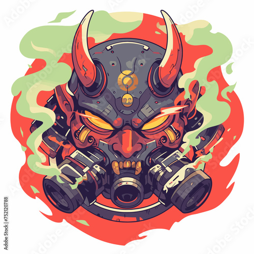Futuristic Potrait Demon Devil Mask Oni with Gas Mask Illustration