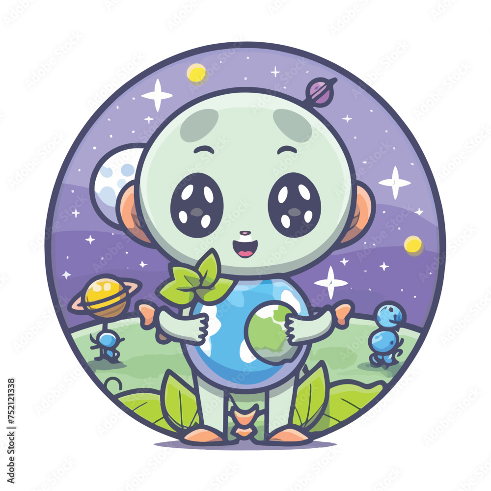Fototapeta premium 2d vector illustration chibi cute alien, holding sphere earth plant , full body , clean shape and line, white background, random moon background 