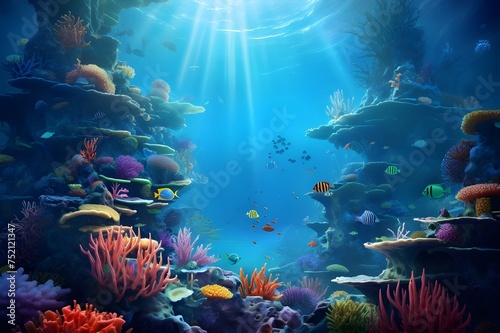 Underwater Wonderland: Coral reefs teeming with vibrant marine life, showcasing the mesmerizing world beneath the waves.
