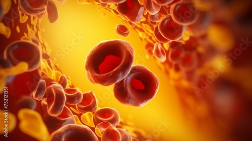 
Blood Clot Formation: Aggregated cells and fibrin, set against a warning yellow background, highlighting the clotting process photo