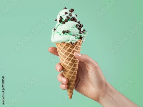 Hand holding a mint ice cream cone with chocolate chips realistic simple background just hands mint background.