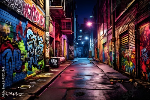 Street Art Symphony: Graffiti-filled alley depicting a vibrant and expressive urban art scene.