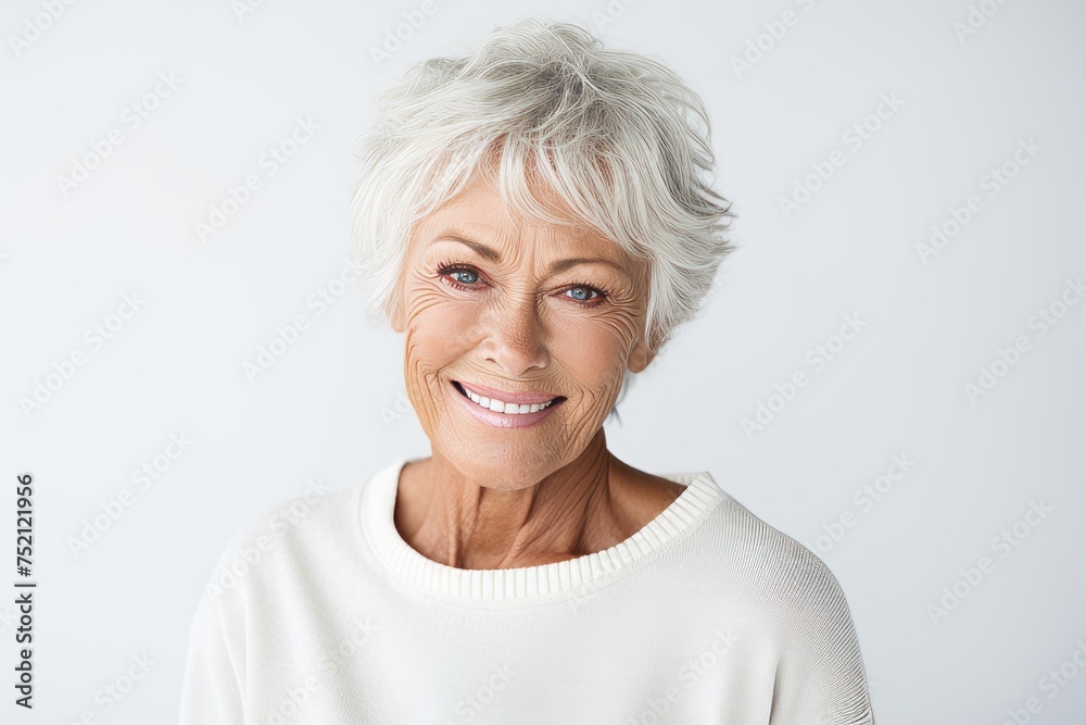 Portrait of a happy senior woman smiling at the camera against white background Portrait of a happy senior woman smiling at the camera against white background