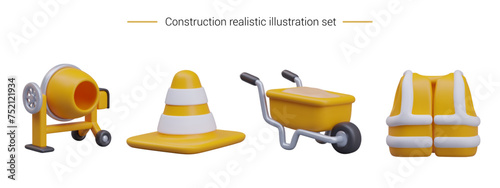 Empty concrete mixer, new signal vest, full wheelbarrow, cone for temporary barrier