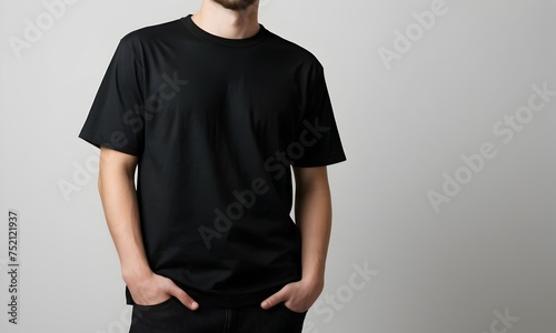 Man in casual black t-shirt on grey background. Fashion branding and textile design showcases mockup. AI Illustration