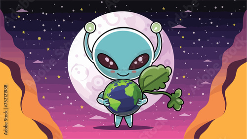 2d vector illustration chibi cute alien, holding sphere earth plant , full body , clean shape and line, white background, random moon background 