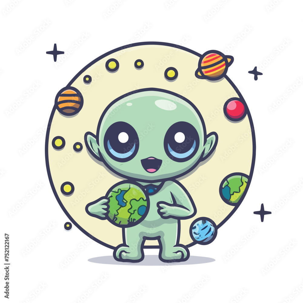 Fototapeta premium 2d vector illustration chibi cute alien, holding sphere earth plant , full body , clean shape and line, white background, random moon background 