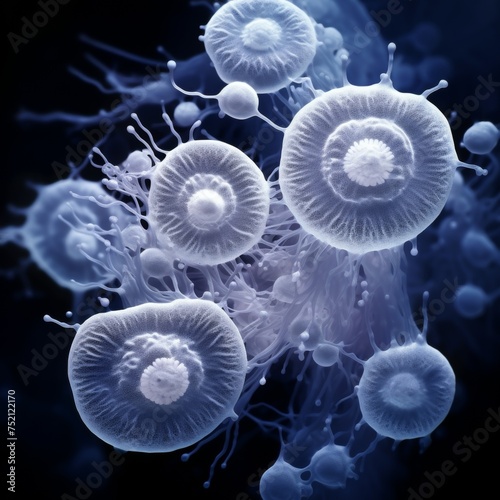 
Basophils: Rare white blood cells, against a mysterious indigo background, highlighting their unique function
